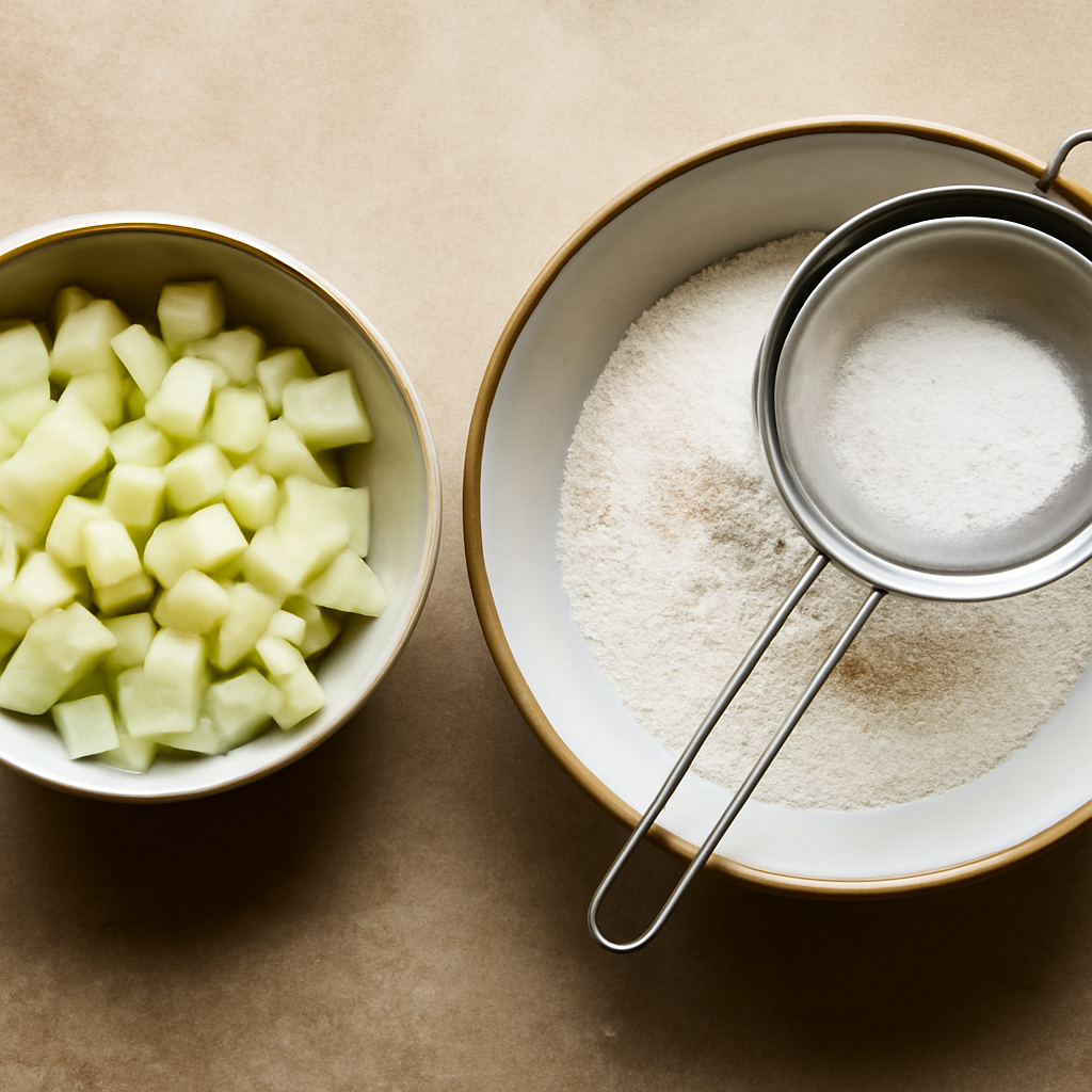 Peel, core, and cube Bramley apples; sift and combine dry ingredients in a large bowl
