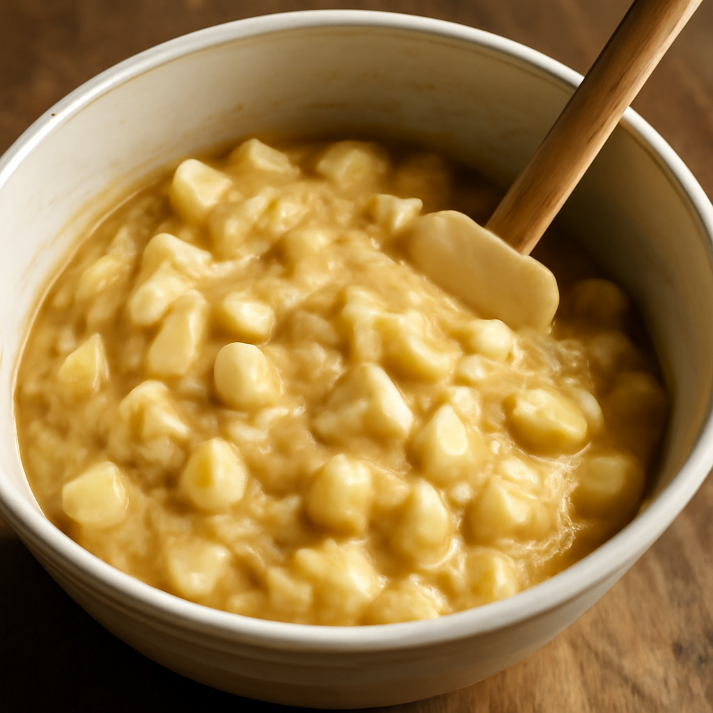 Fold the wet ingredients into the dry ingredients, then fold in the apple chunks to form the loaded batter