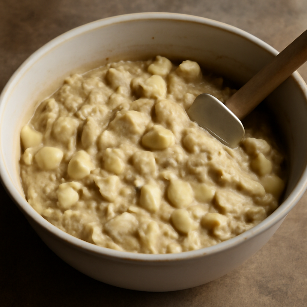 Fold wet ingredients into dry ingredients, then fold in apple chunks until batter is thick and heavily loaded with apple