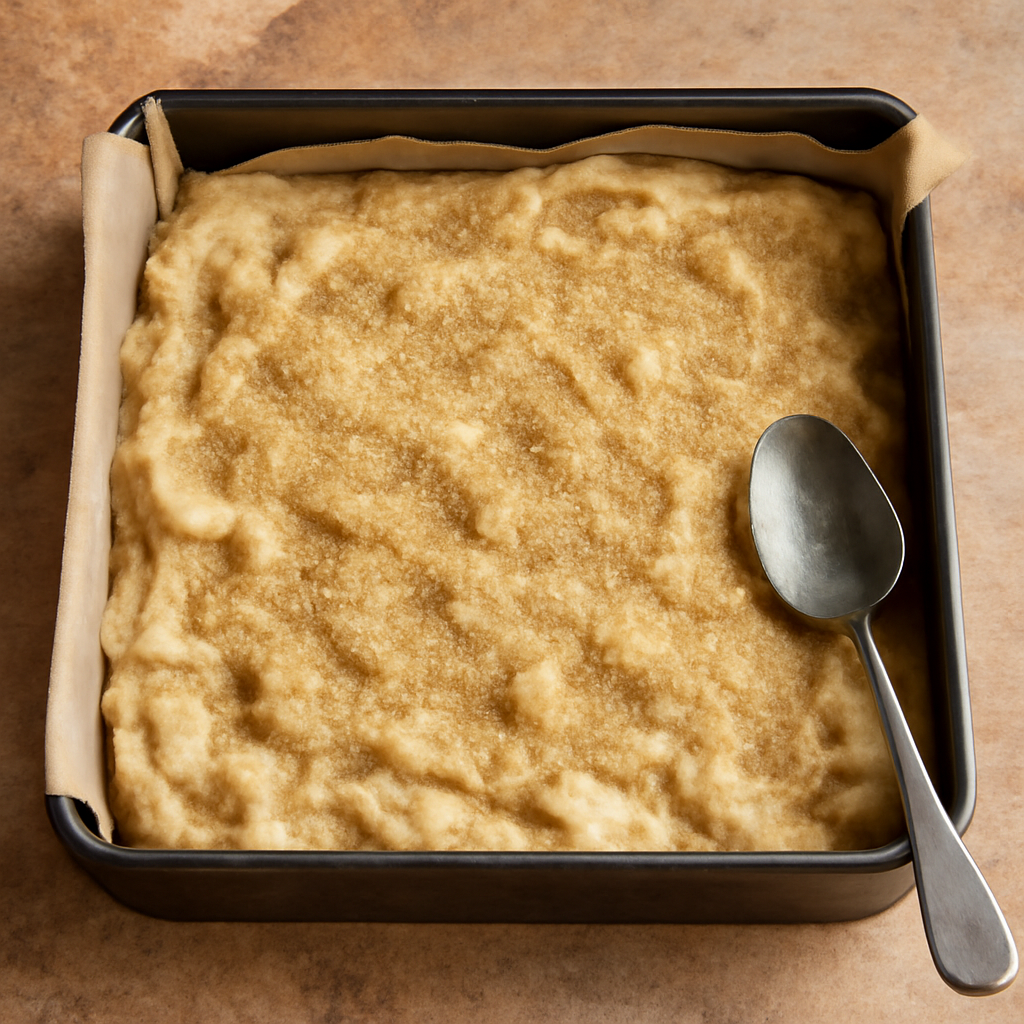 Batter scraped into greased parchment-lined tin, surface spread roughly, demerara sugar scattered evenly across the top, ready to go into the oven