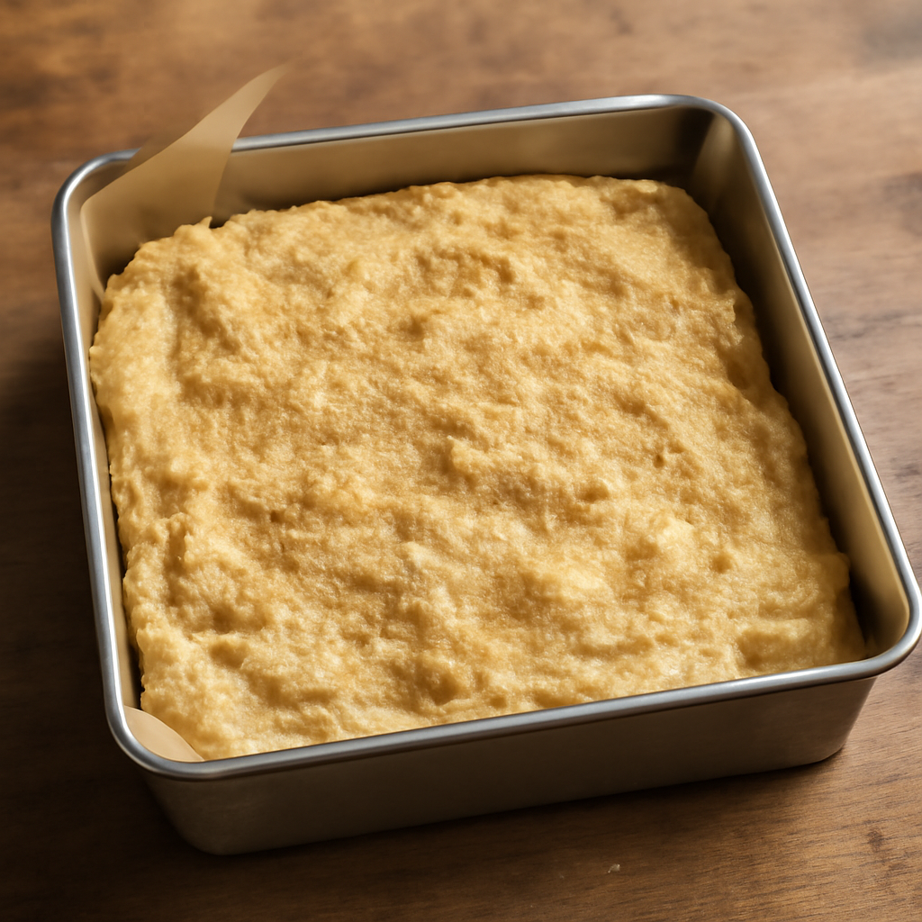 Batter scraped into the greased and lined tin with demerara sugar scattered evenly across the rough surface, ready to go into the oven