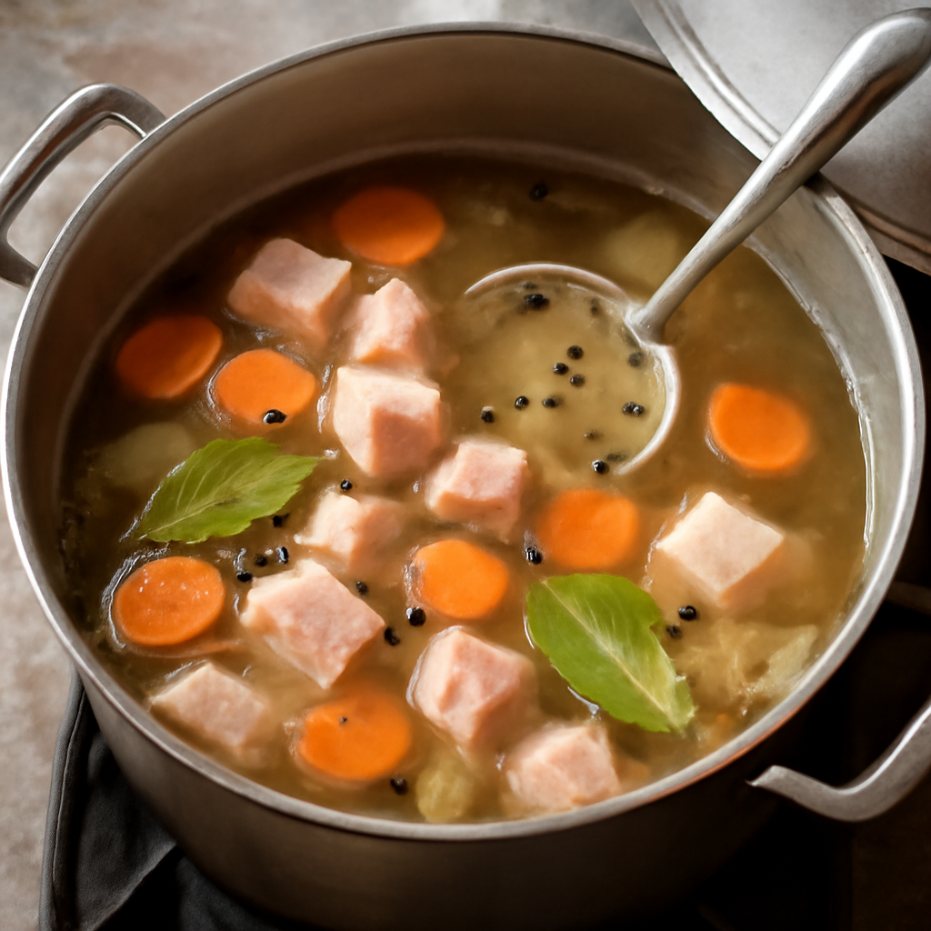First simmer with bacon, carrots, and aromatics in water