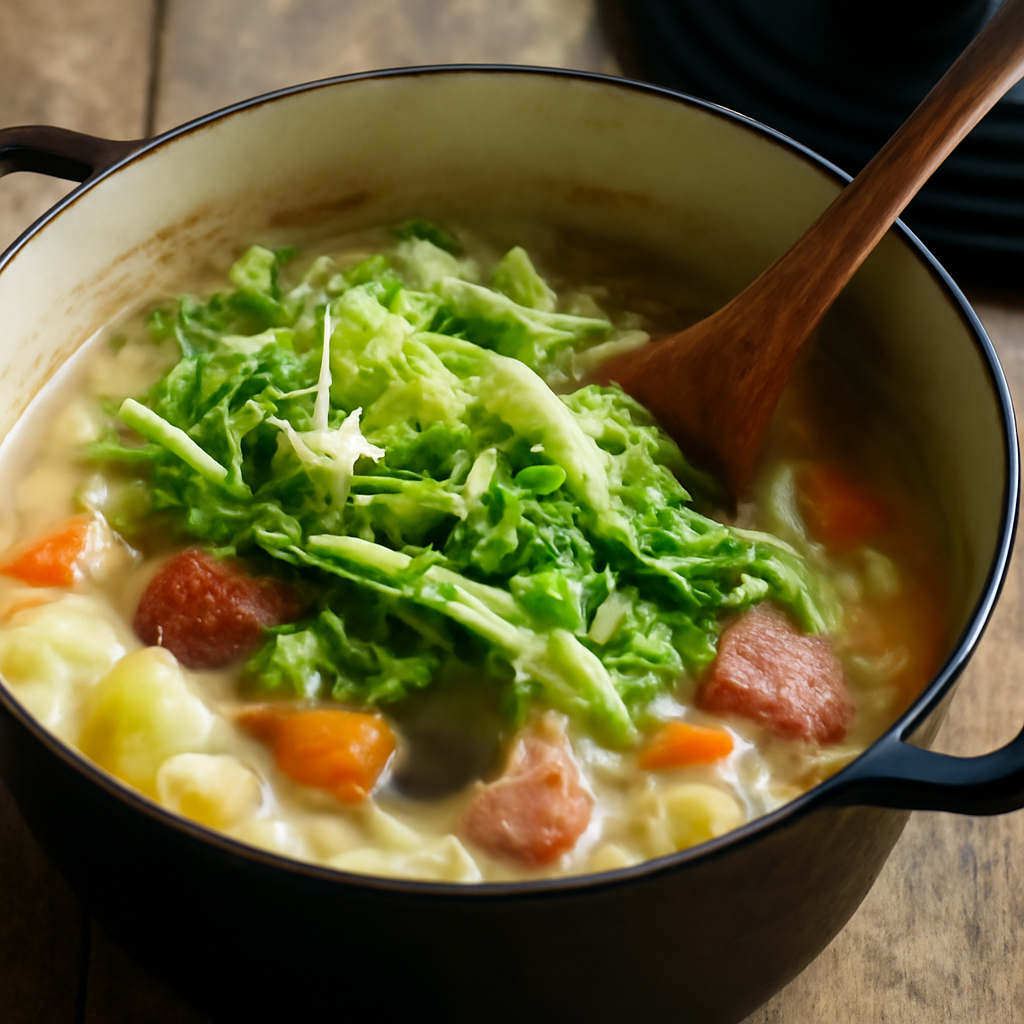 Cabbage added and pressed into starchy broth, final simmer underway