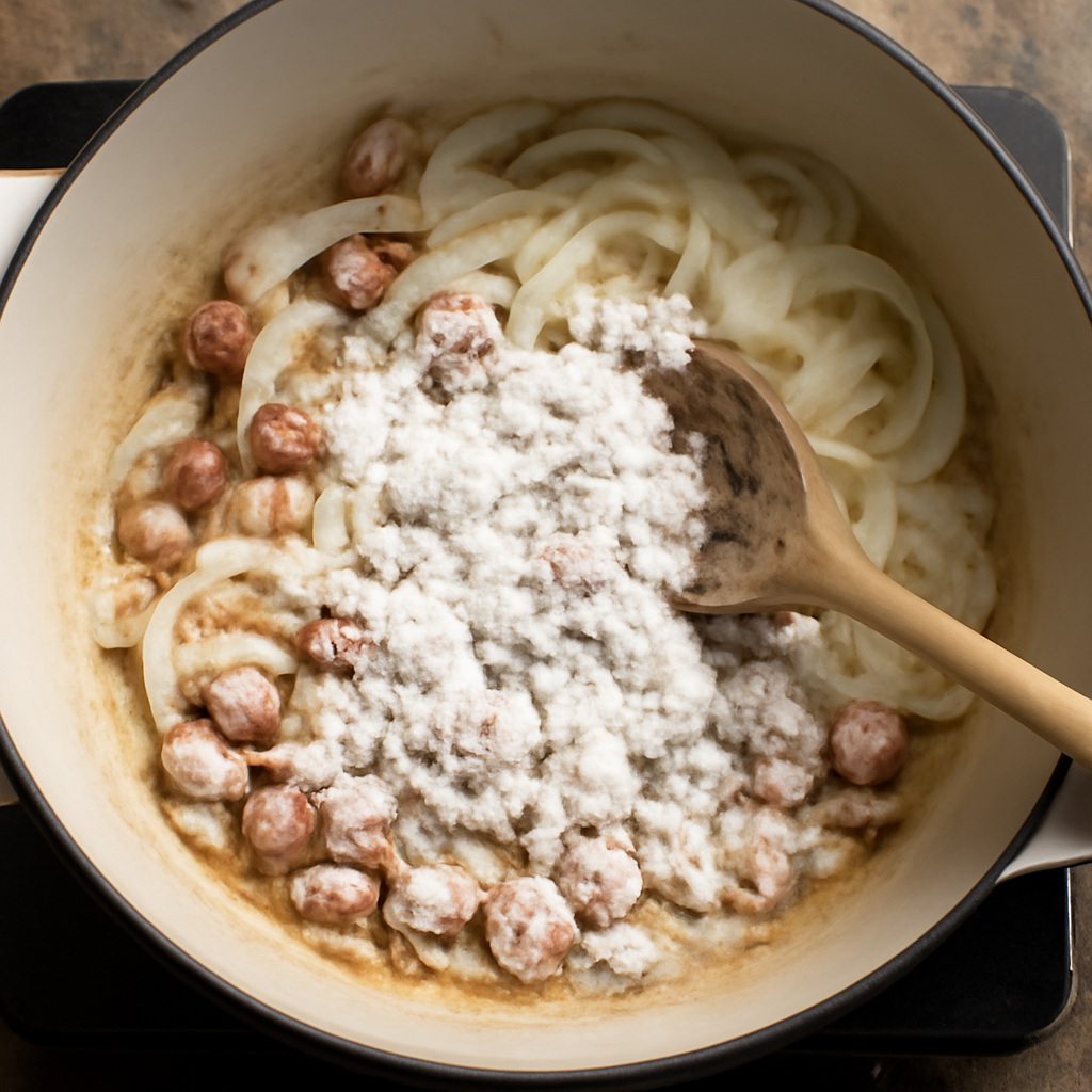 Building the base: bacon rendered, onions softened, flour stirred through to form a dry clumped roux