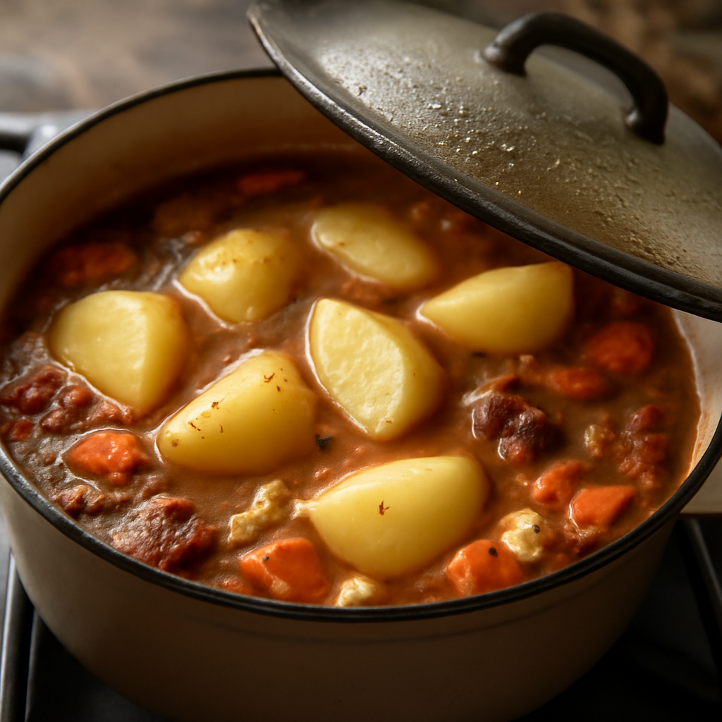 Potatoes added and submerged, coddle simmering with lid ajar in final vegetable stage before beans
