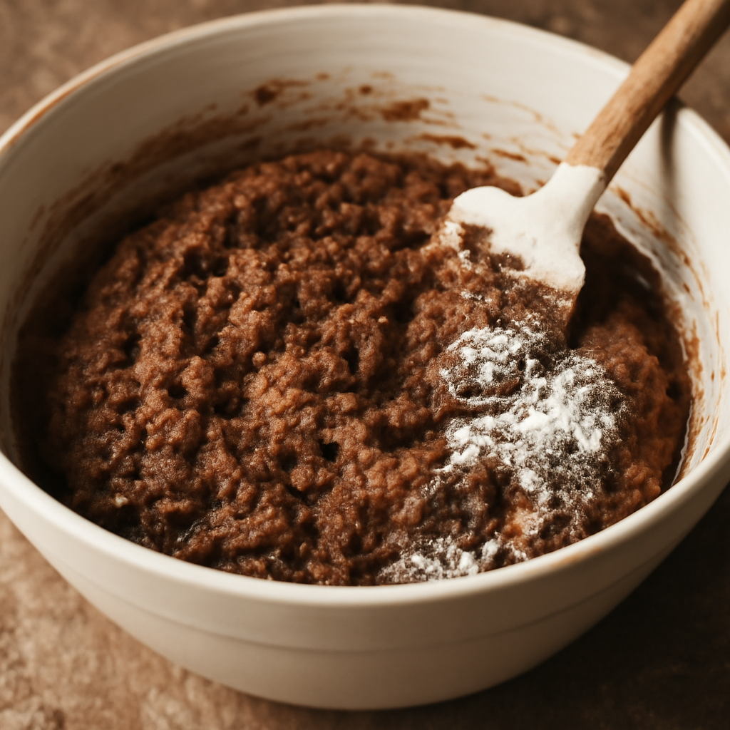 Folding the flour and spices into the soaked fruit mixture to form the batter
