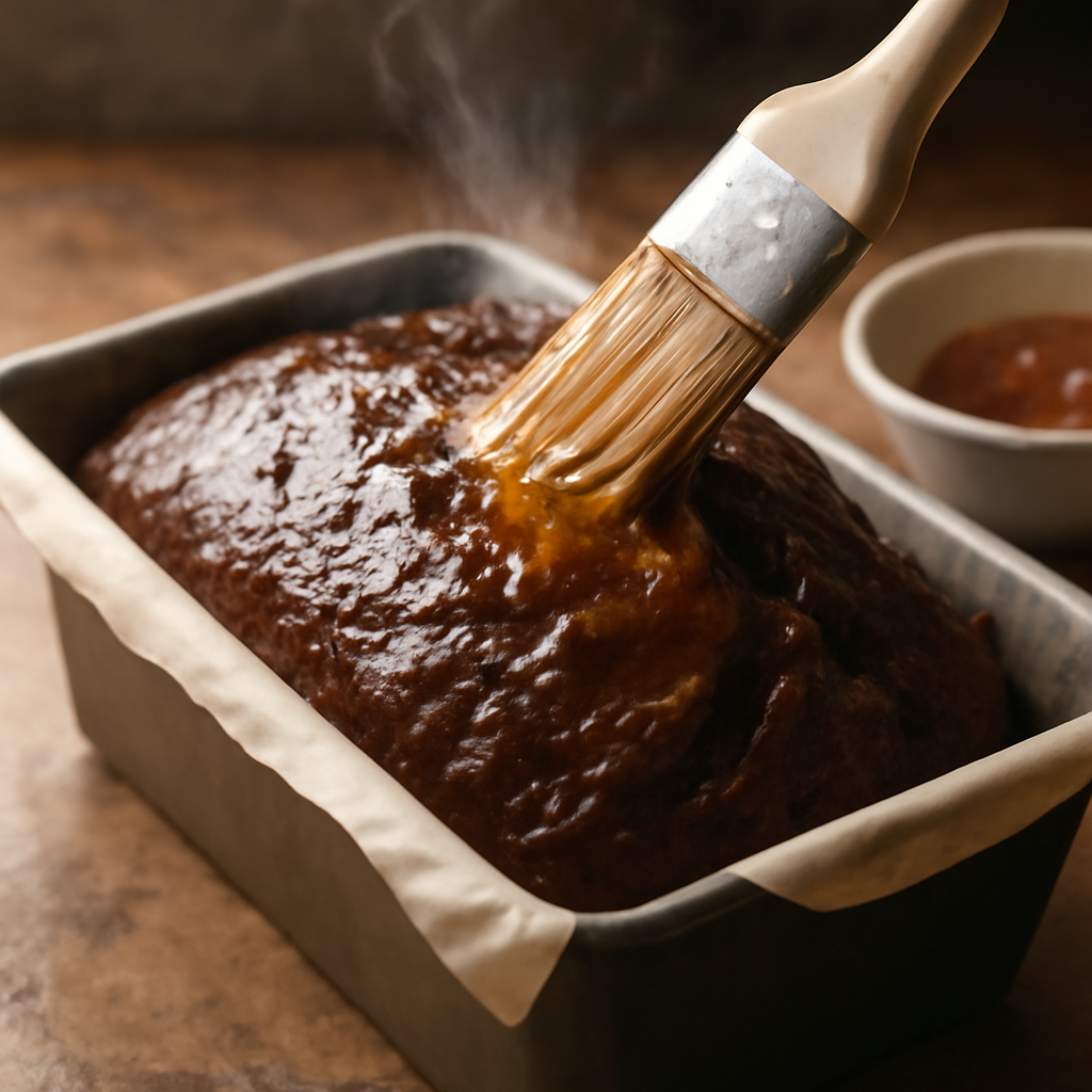 Brushing the hot marmalade glaze onto the freshly baked loaf still in the tin