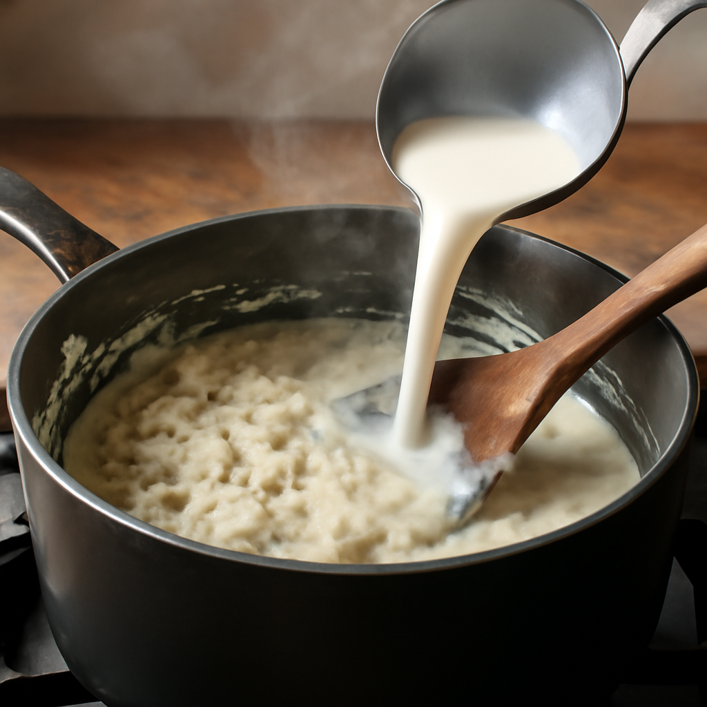 Adding warm milk gradually: thick glossy paste forming as first ladlefuls are incorporated