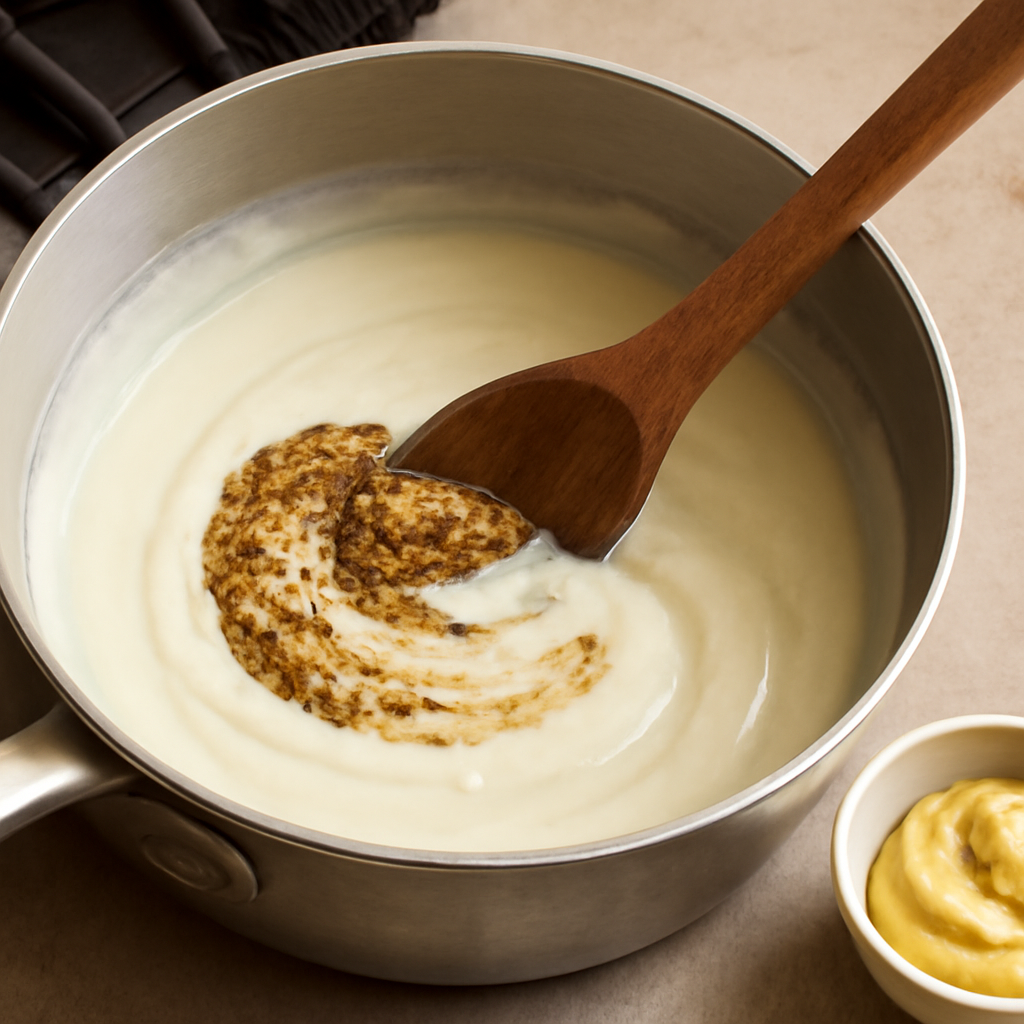 Stirring in the mustards, salt, pepper, and nutmeg into the thickened bechamel