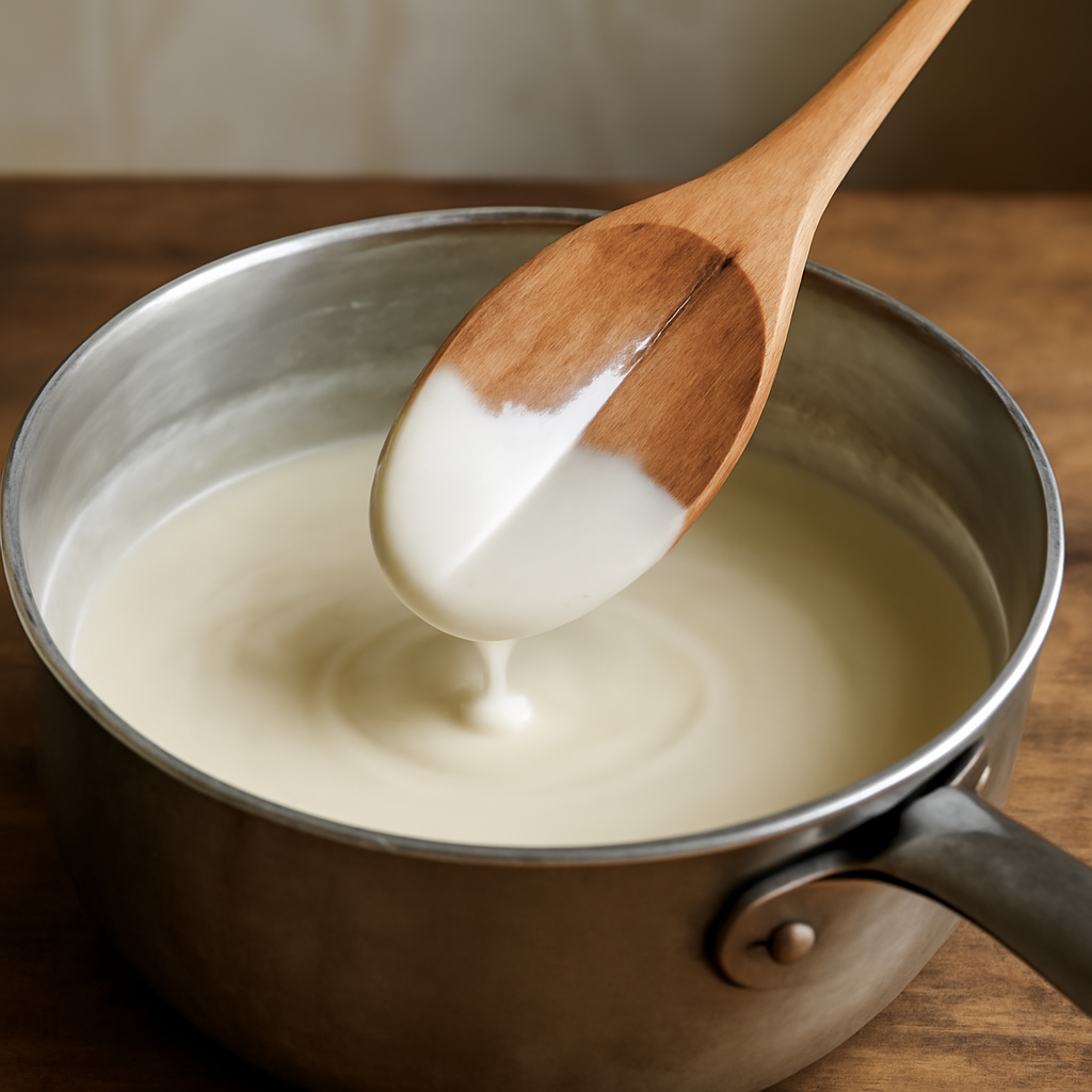 Adding the final milk and bringing the sauce to a coating consistency
