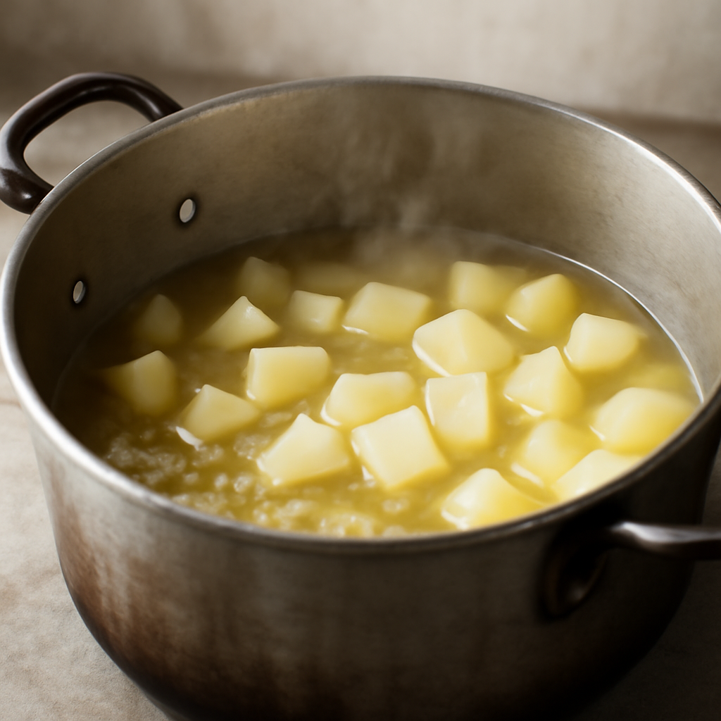 Simmering potato in stock with the softened leek and onion base
