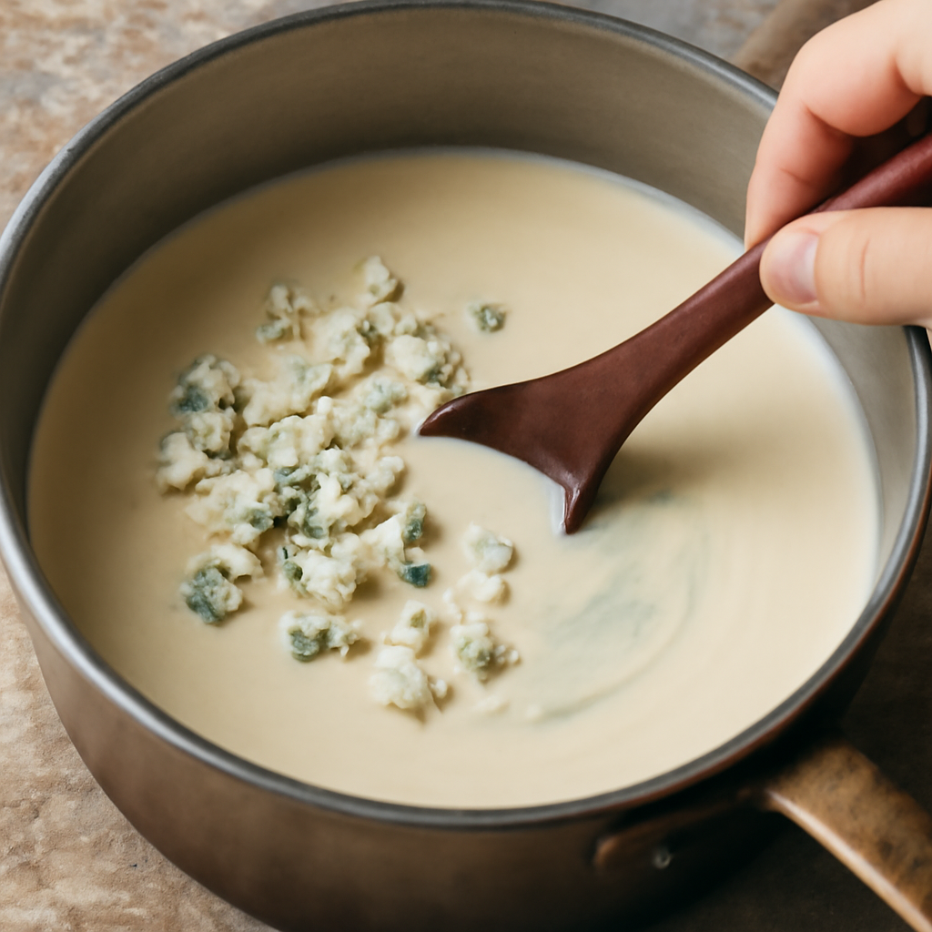 Stirring crumbled blue cheese into the blended creamy soup