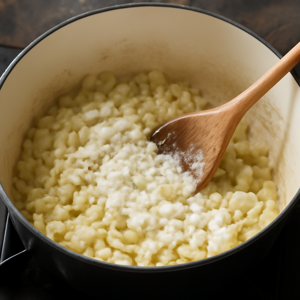 Building the roux base with softened vegetables and flour