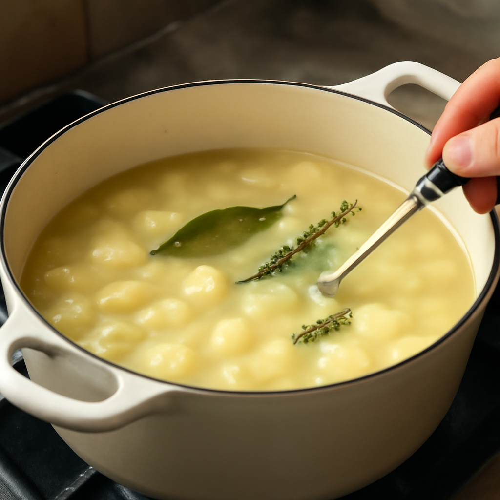 Potatoes simmering in the pale broth until just tender