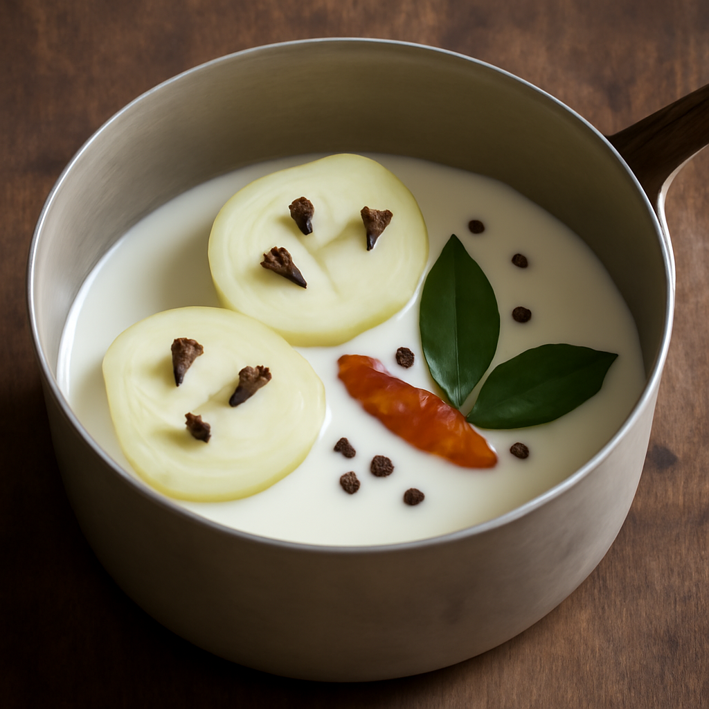 Pressing cloves into the onion halves and combining aromatics with cold milk in the saucepan