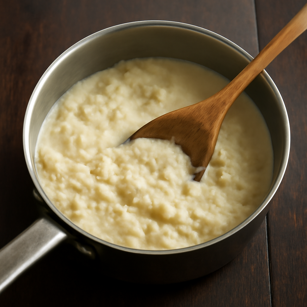 Torn bread pieces added to the strained infused milk and softening into a thick pale paste over low heat