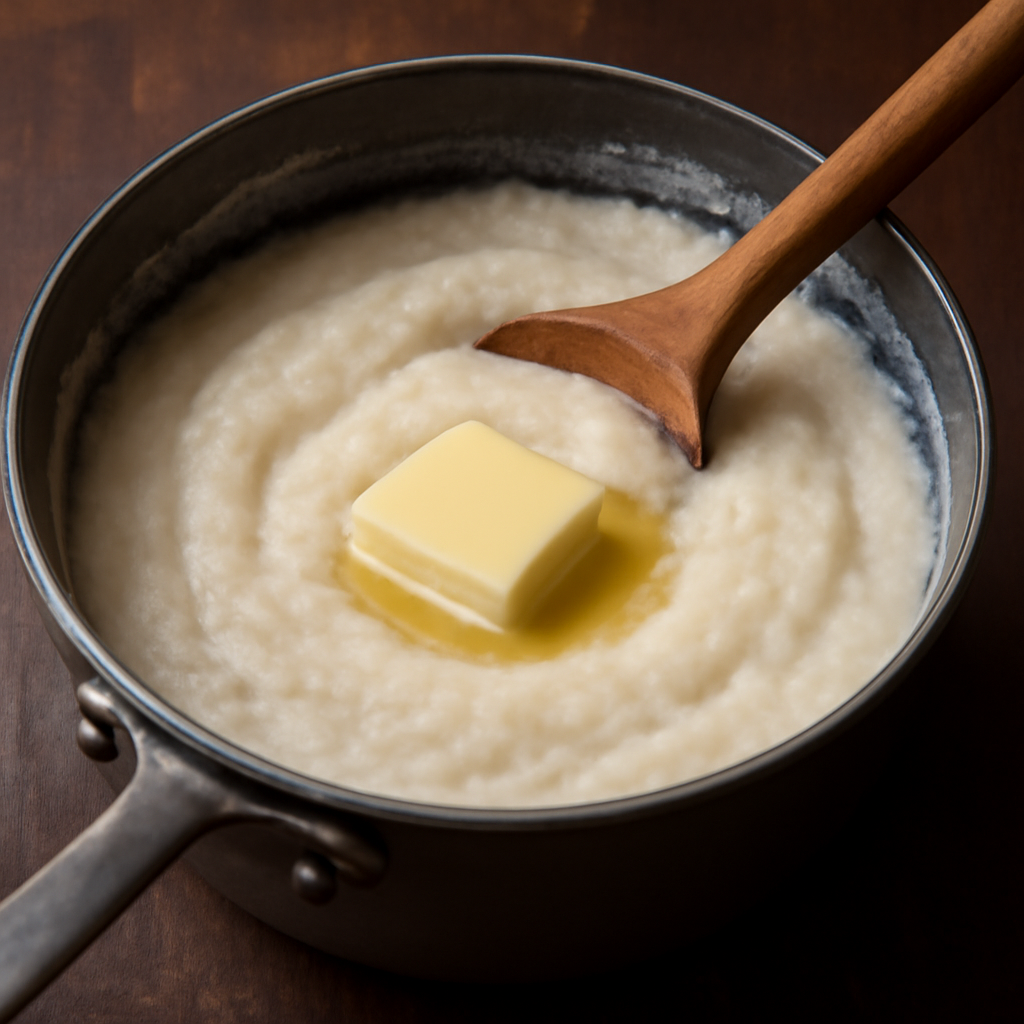 Butter melting into the thickened bread sauce just before cream and seasoning are added