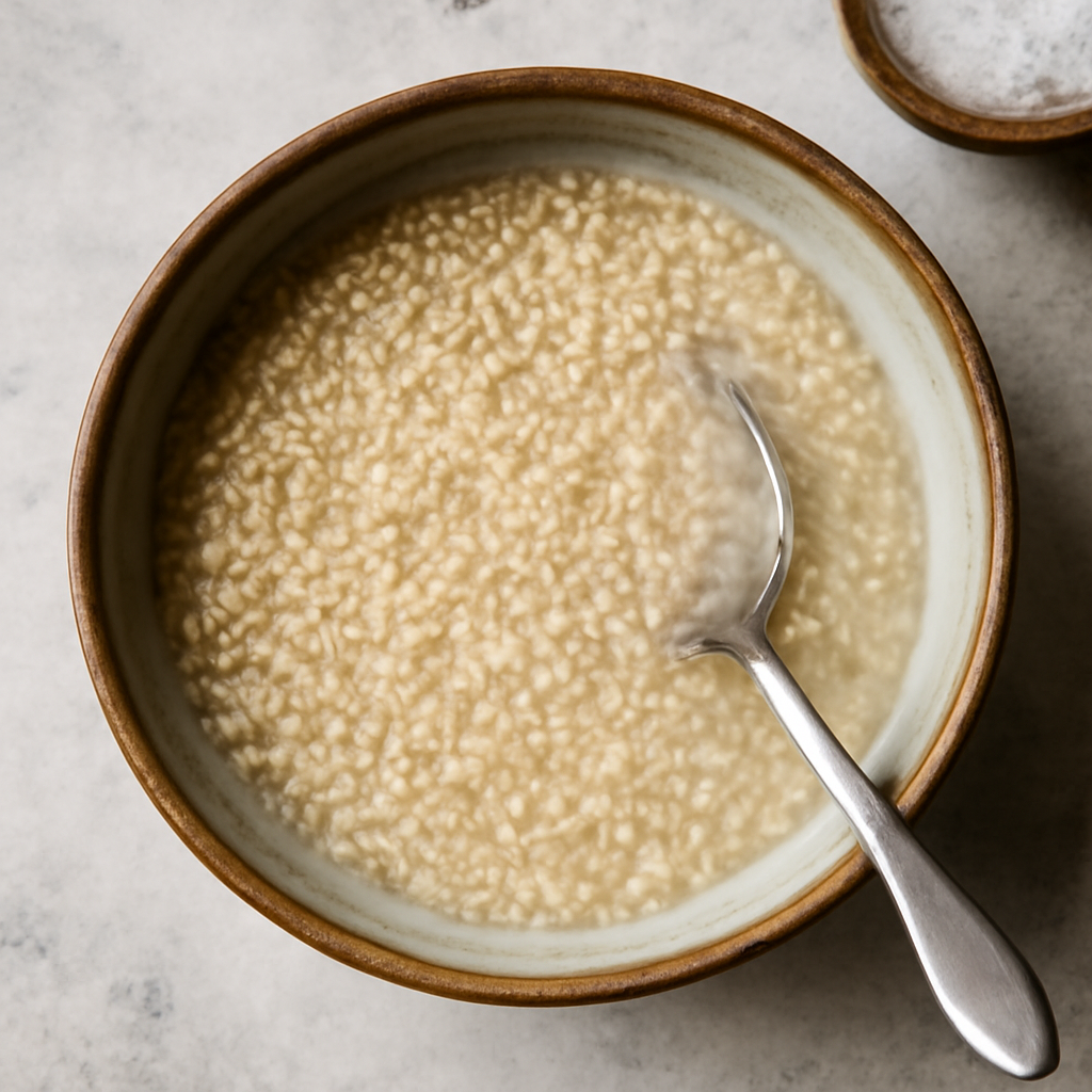 Cold water poured over oatmeal, grains beginning to swell and become cohesive after standing