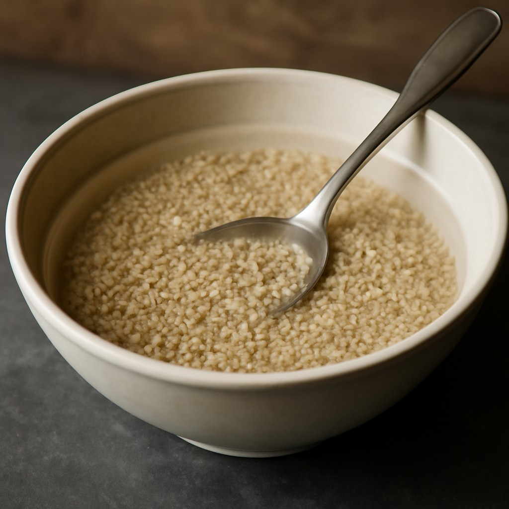 Cold water poured over oatmeal and left to stand, grains beginning to swell