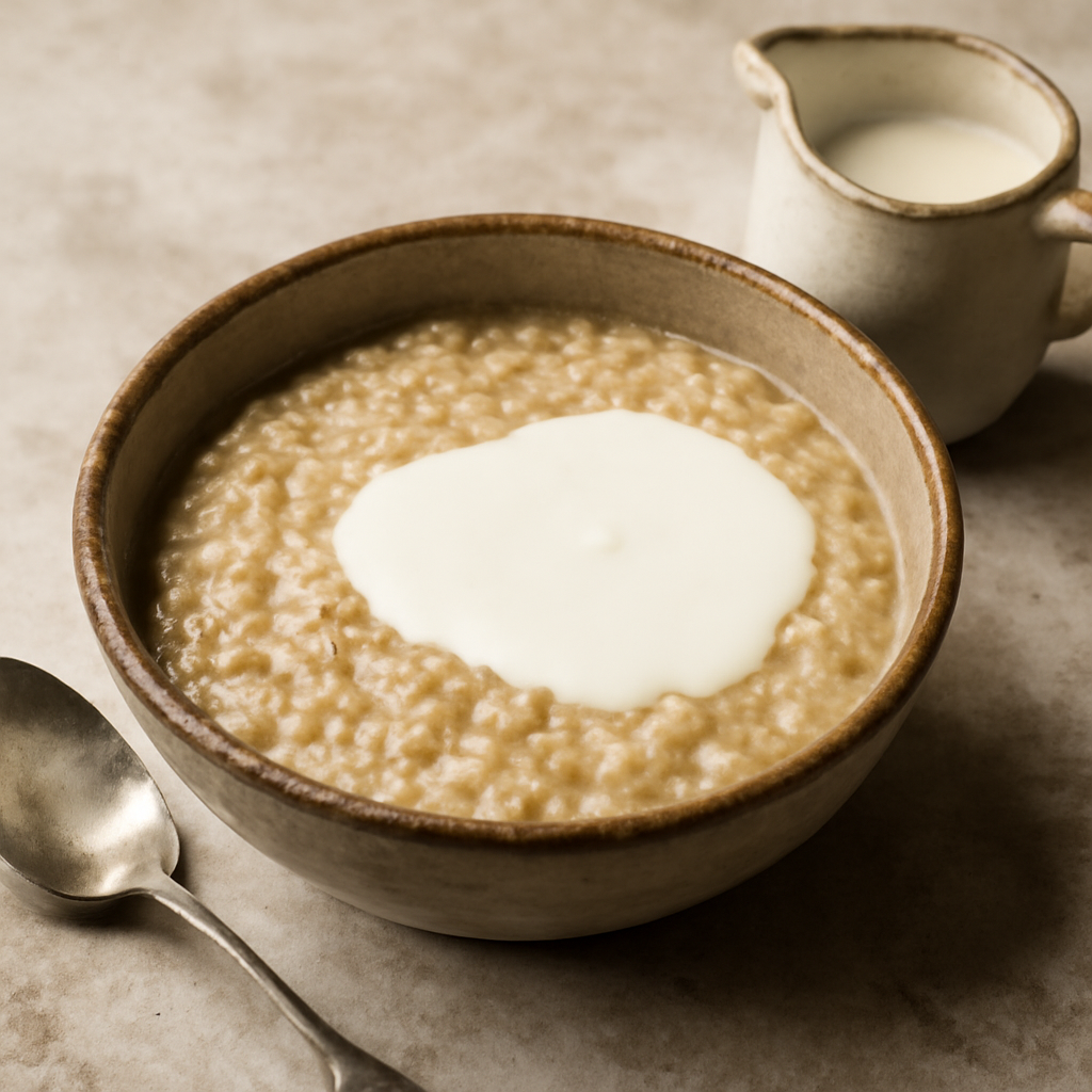 Honey stirred fully into the soaked oatmeal, cream just poured over the surface before serving