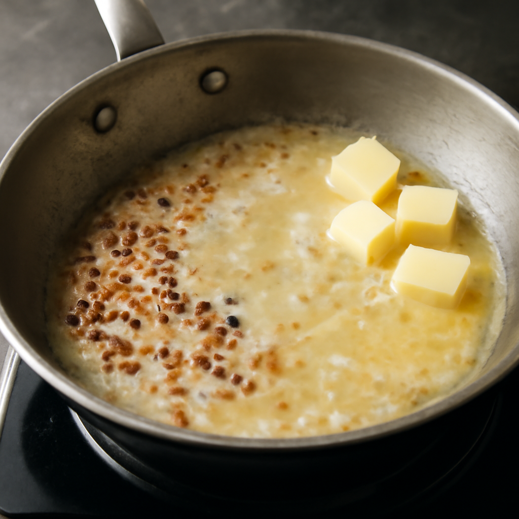 Building the sauce: shallot charring, vermouth reducing, and cold butter being swirled in to emulsify