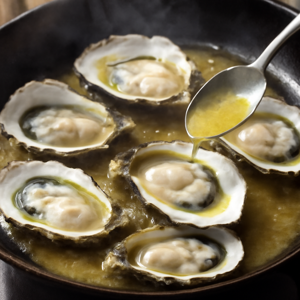 Cooking the oysters in their shells in the pan and spooning sauce over them — just before lifting out