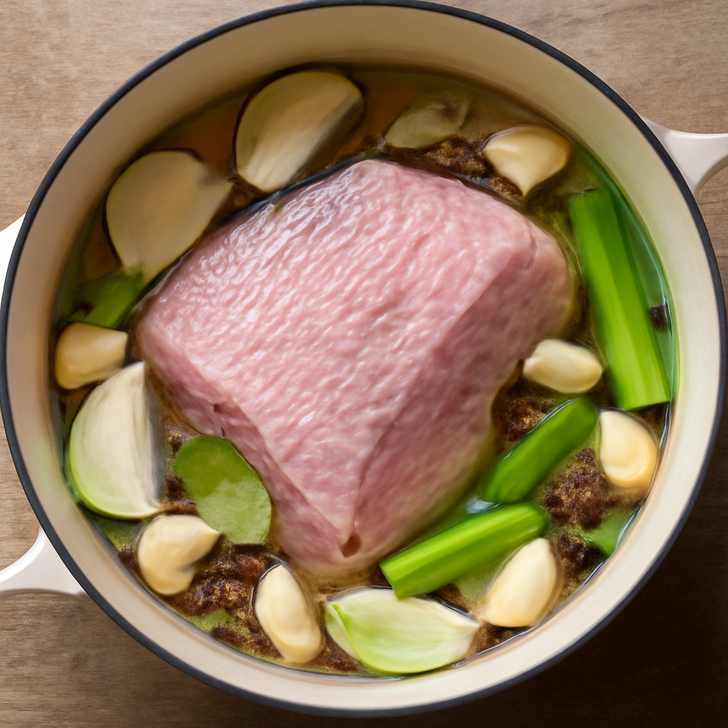 Rinsed brisket placed fat side up in pot with aromatics and cold water before heating
