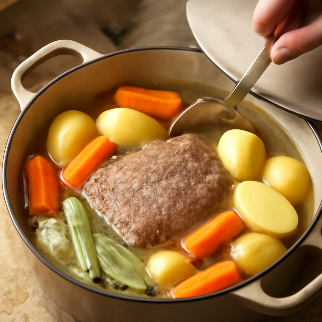 Active simmer with foam being skimmed, then carrots and potatoes added after two hours of low cooking