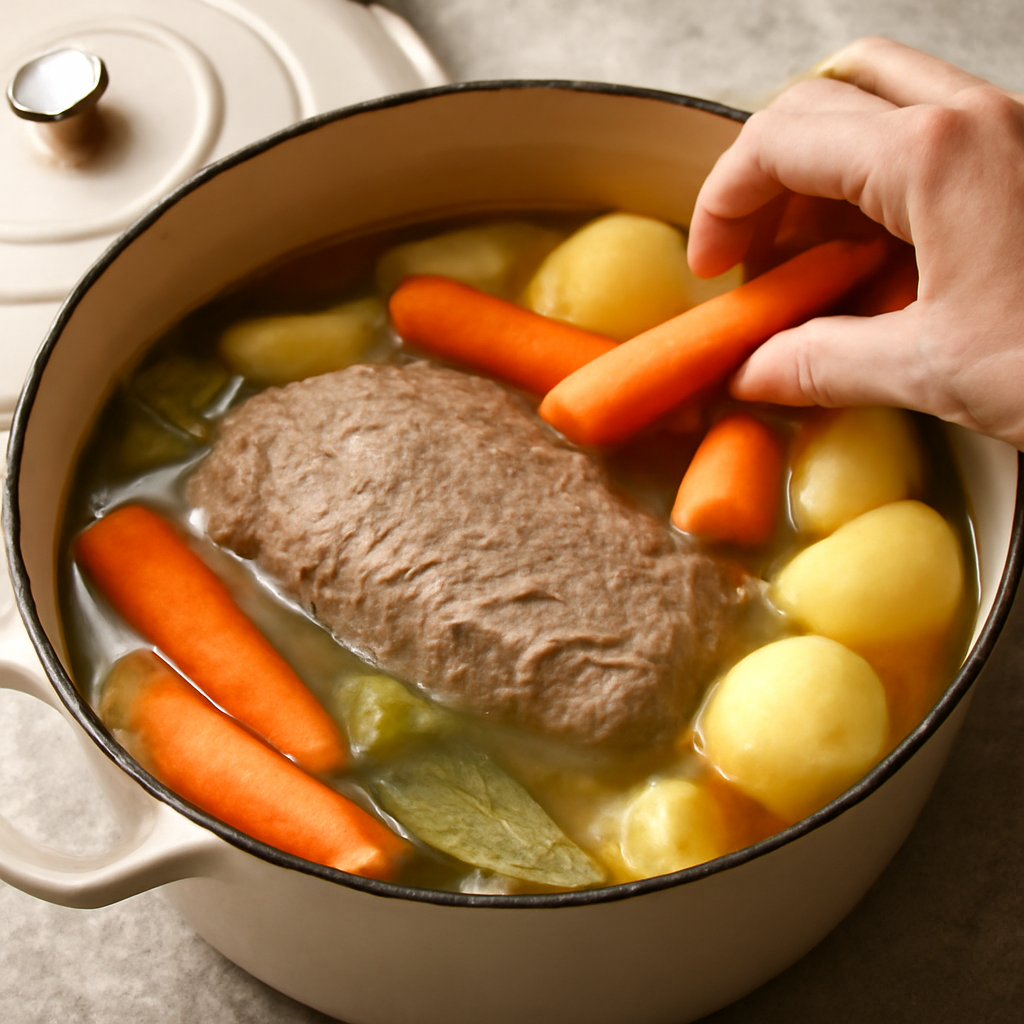 Carrots and potatoes added to the simmering pot after two hours of cooking