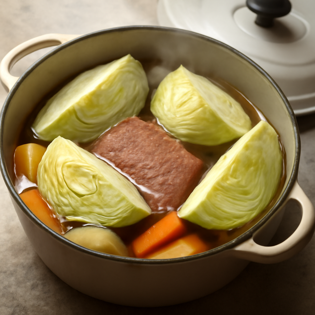 Cabbage wedges added to the pot and cooked until just tender, lid on fully