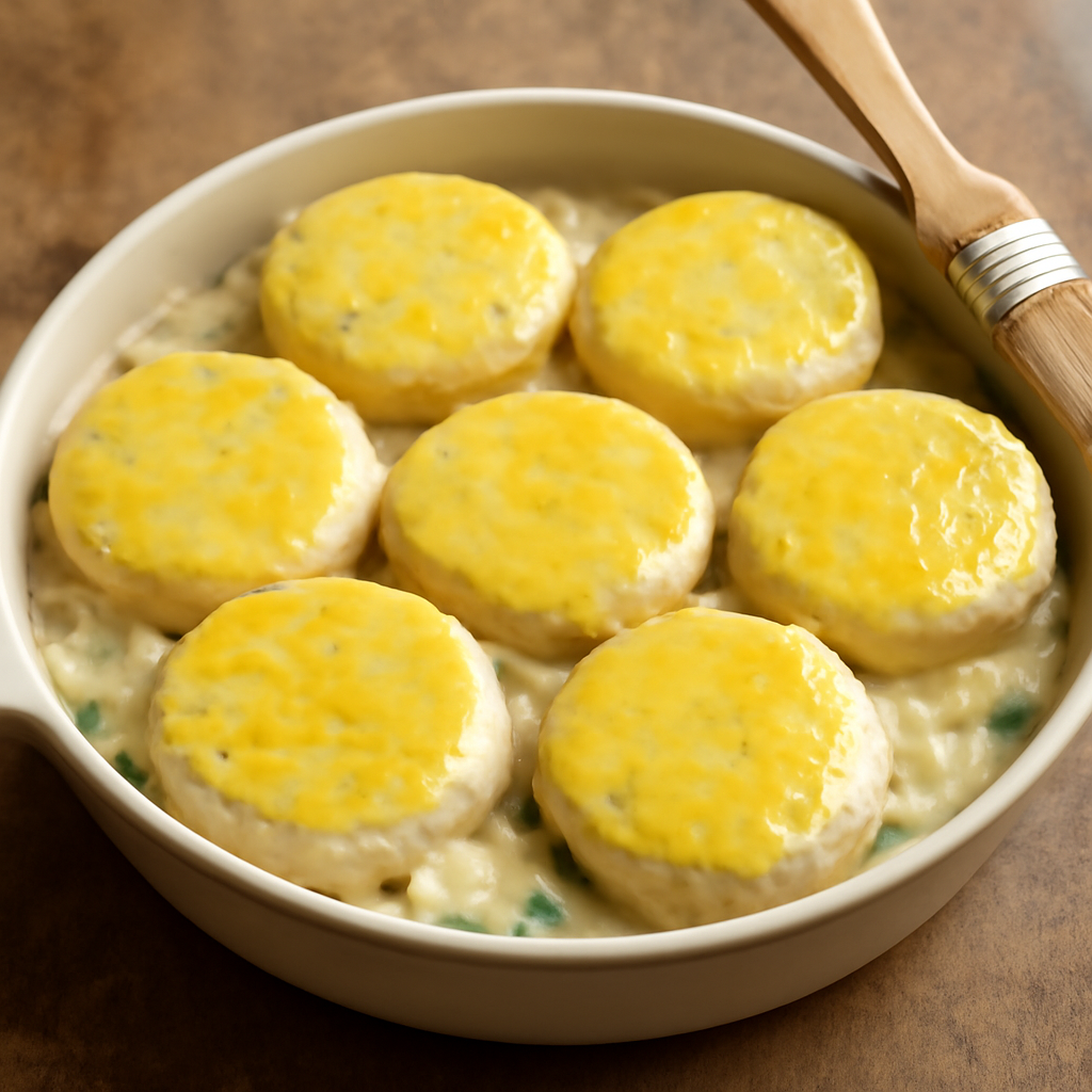 Scone rounds arranged over filling and egg-glazed, ready to go into oven