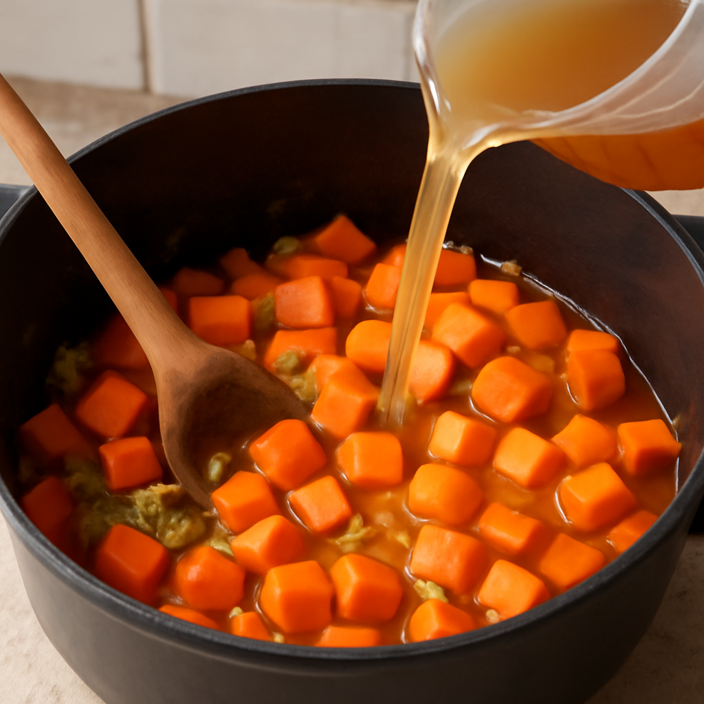 Adding chopped carrots and vegetable stock to the spiced base