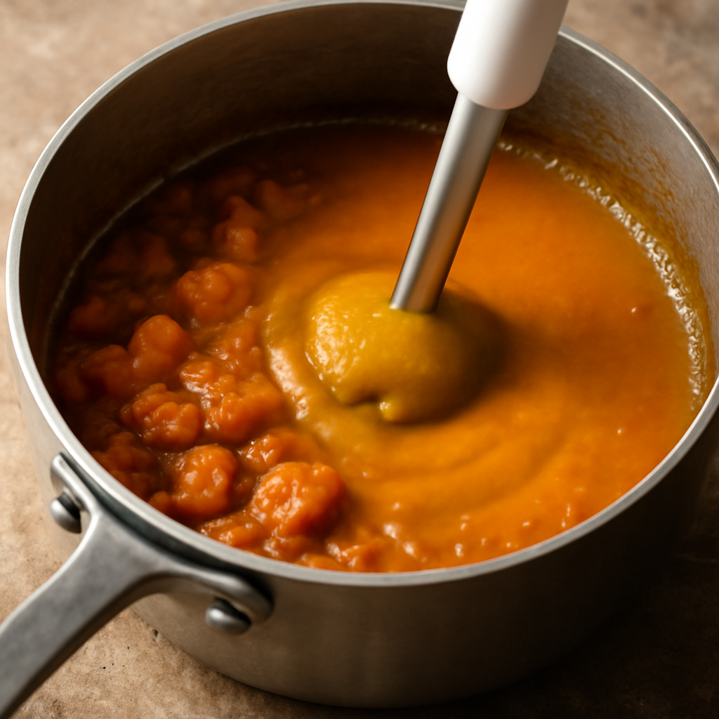 Blending cooked soup directly in the pan with a stick blender