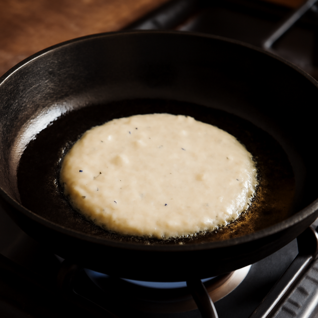 Pouring batter into a hot buttered iron pan and cooking the first side