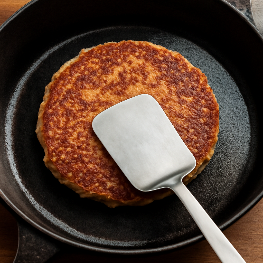Flipping the pancake to cook the second side and pressing centre to check it is set