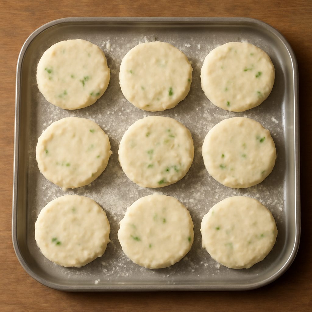 Shape mixture into flat round cakes on a floured surface and rest on a floured tray before frying