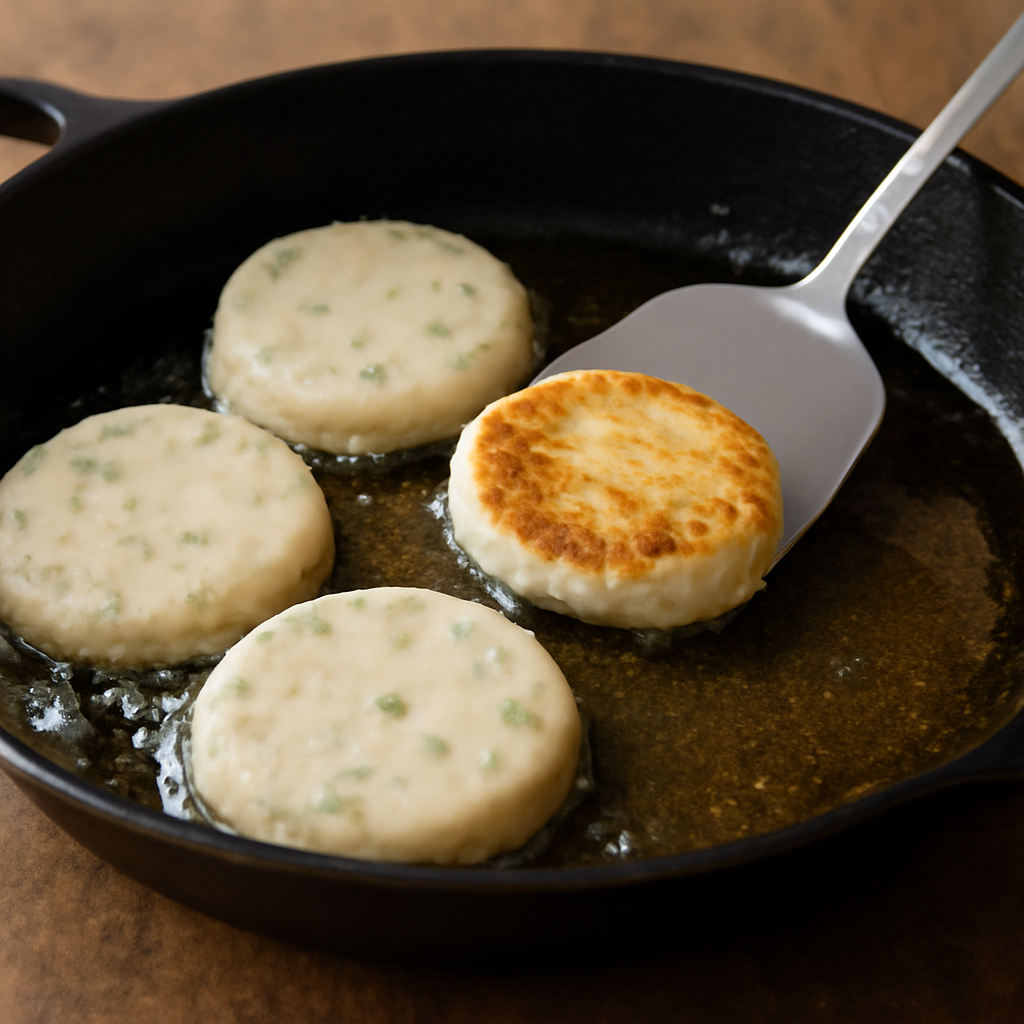 Fry cakes undisturbed in sunflower oil until a deep golden-brown crust forms on the first side; check with spatula