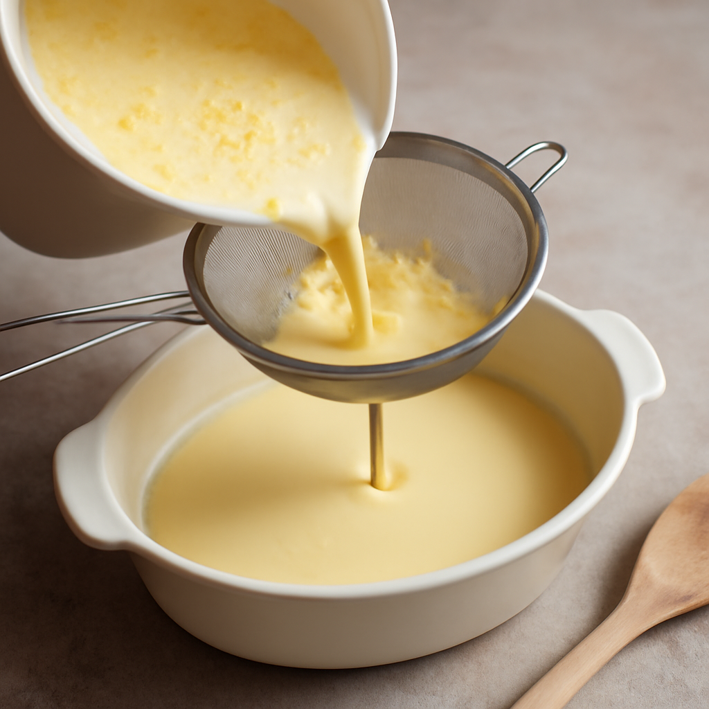 Add grated Cheddar to warm custard base and stir until melting, then strain the mixture through a fine sieve into the prepared ceramic dish