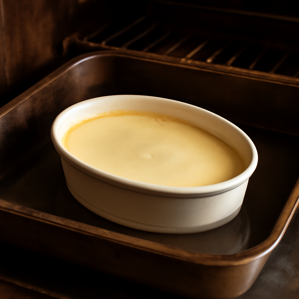 Bake custard in a water bath and check for the correct set with a slight central wobble before removing from the oven