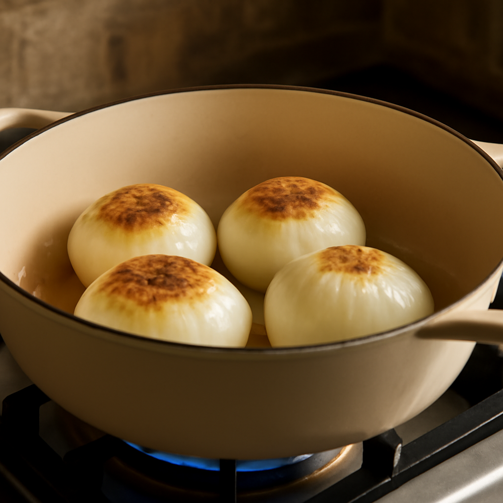Searing onions cut-side down in casserole on the hob