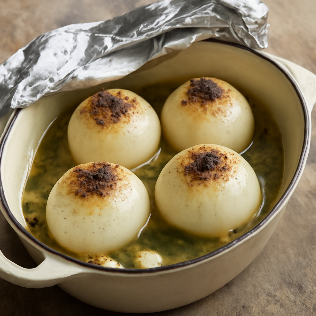 Onions covered and baking in cider liquid before uncovering