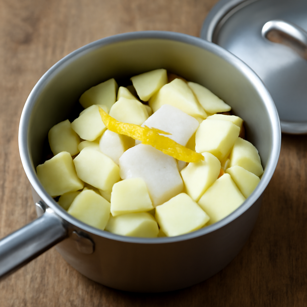 Peeled and cut Bramley apple chunks combined with water, lemon zest, and sugar in a saucepan before heat is applied