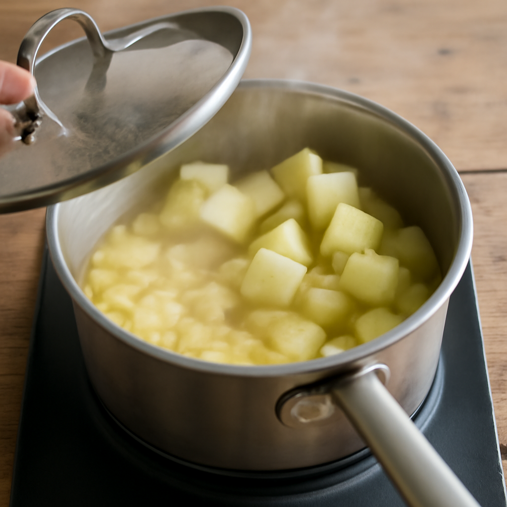 Apples actively cooking under the lid, partially collapsed and going translucent at the base while upper pieces still hold some shape
