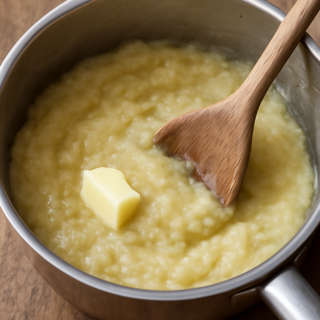 Butter and lemon juice added off the heat and sauce being beaten with a wooden spoon to a rough, slightly glossy consistency