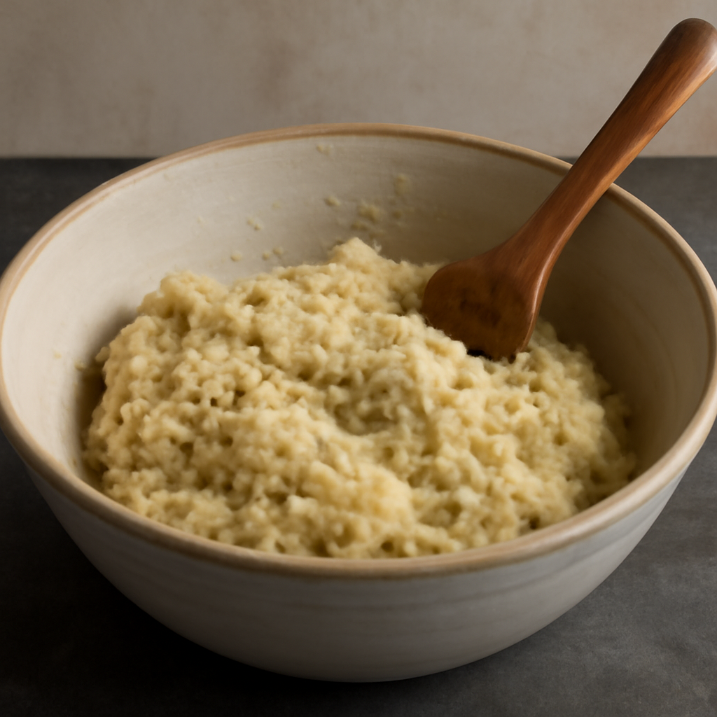 Combining mashed potato, flour mixture, grated potato and egg into a thick batter