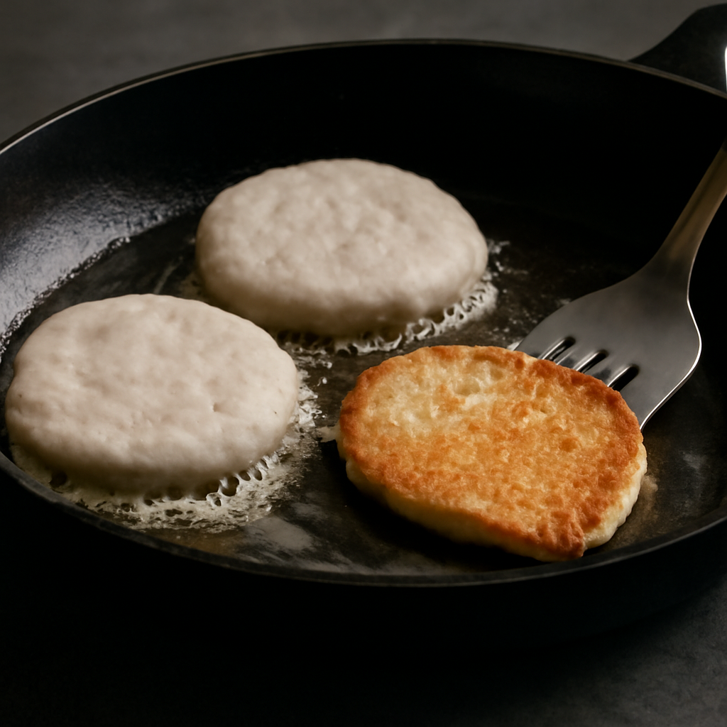 Boxty cooking in the pan — first side nearly done, edges set, underside deep golden brown
