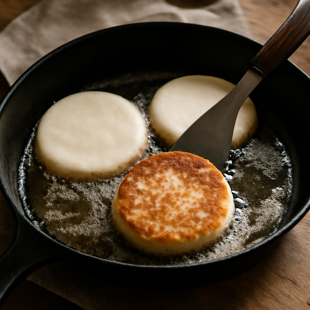 Frying boxty in butter and oil, first side nearly done — edges set, underside deep golden brown