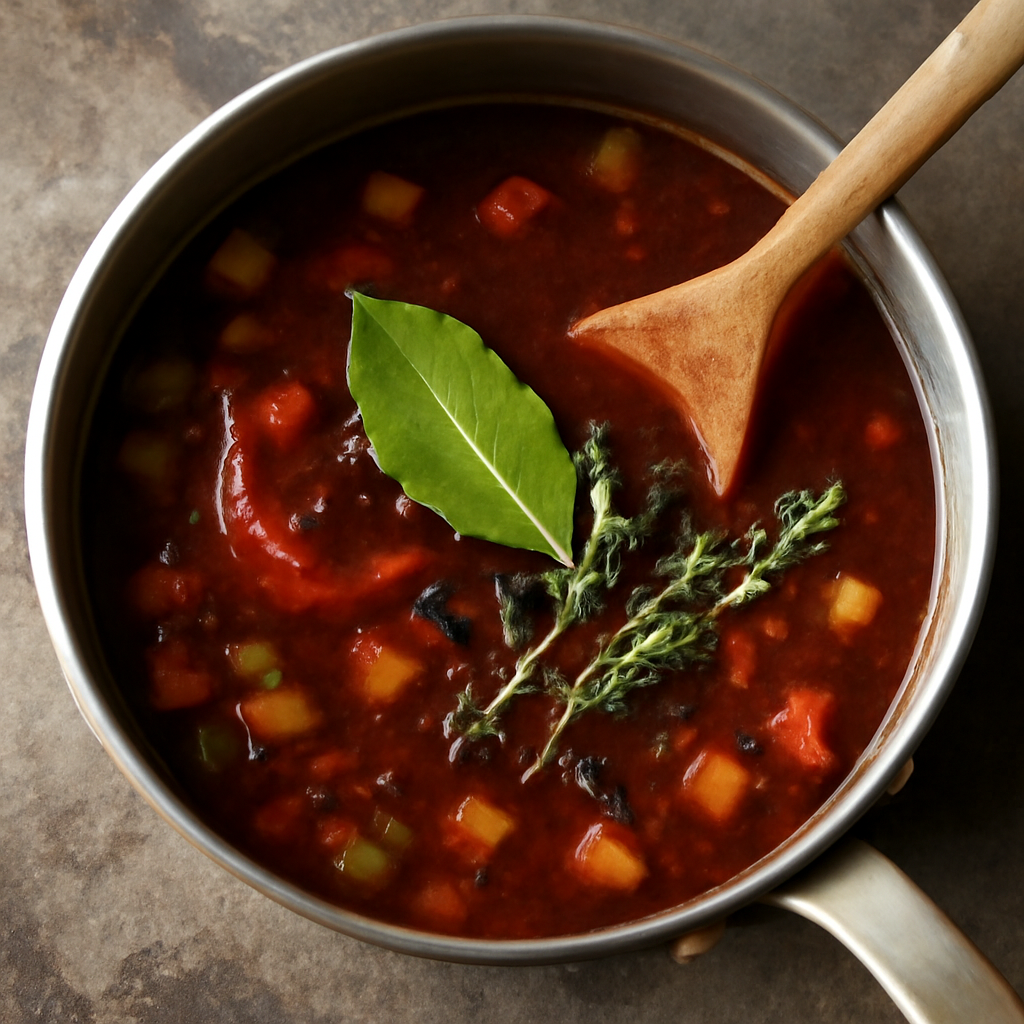 Adding red wine and stock with aromatics to build the sauce