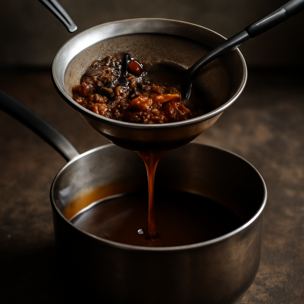 Straining the reduced sauce through a fine-mesh sieve into a clean saucepan
