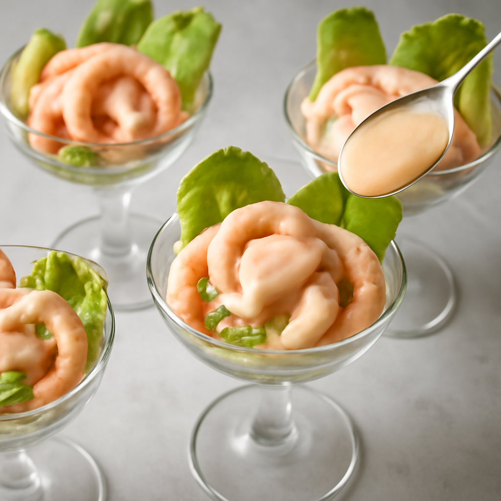 Peeled prawns arranged over lettuce in the cocktail glass with sauce spooned over, just before paprika dusting and bread service